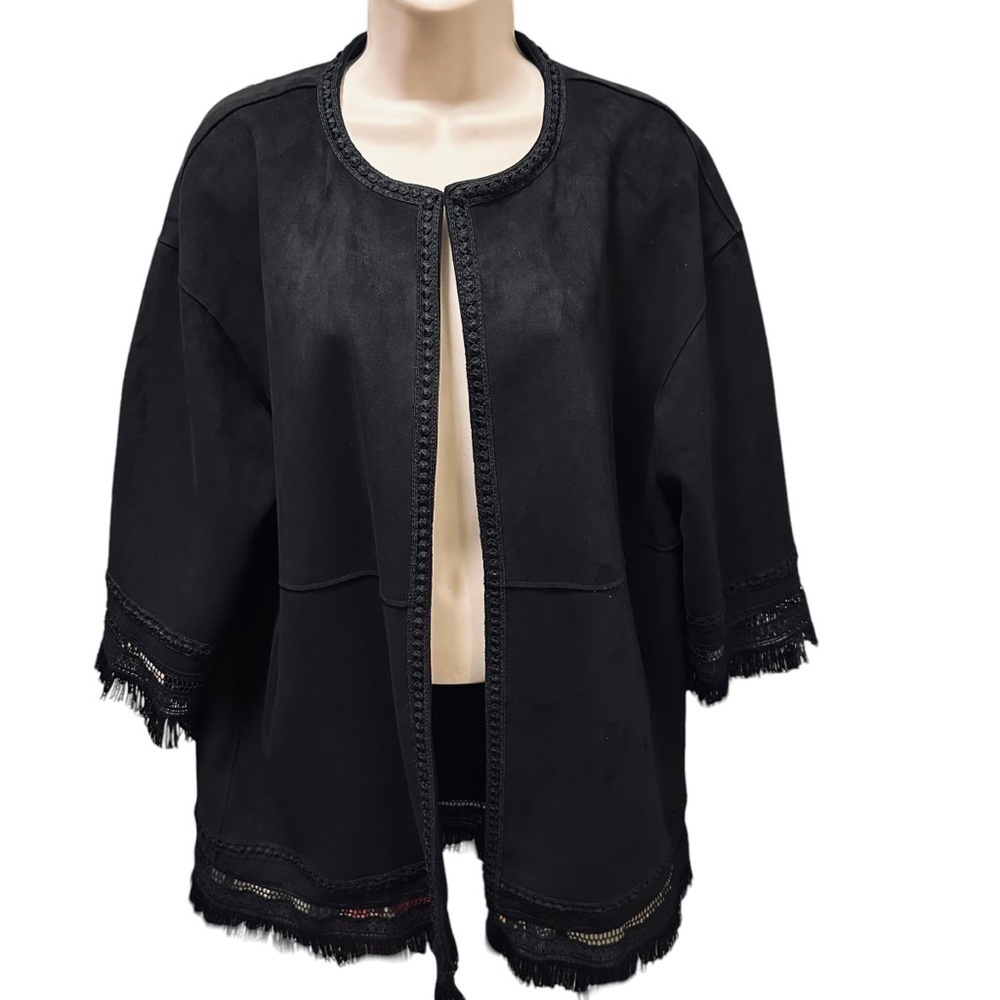 ZARA Faux Suede Fringed Trim Boho Jacket in Black Medium Women’s Festival - Picture 3 of 15